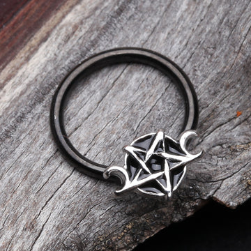 Detail View 1 of Blackline Triple Goddess Pentagram Captive Bead Ring-Black